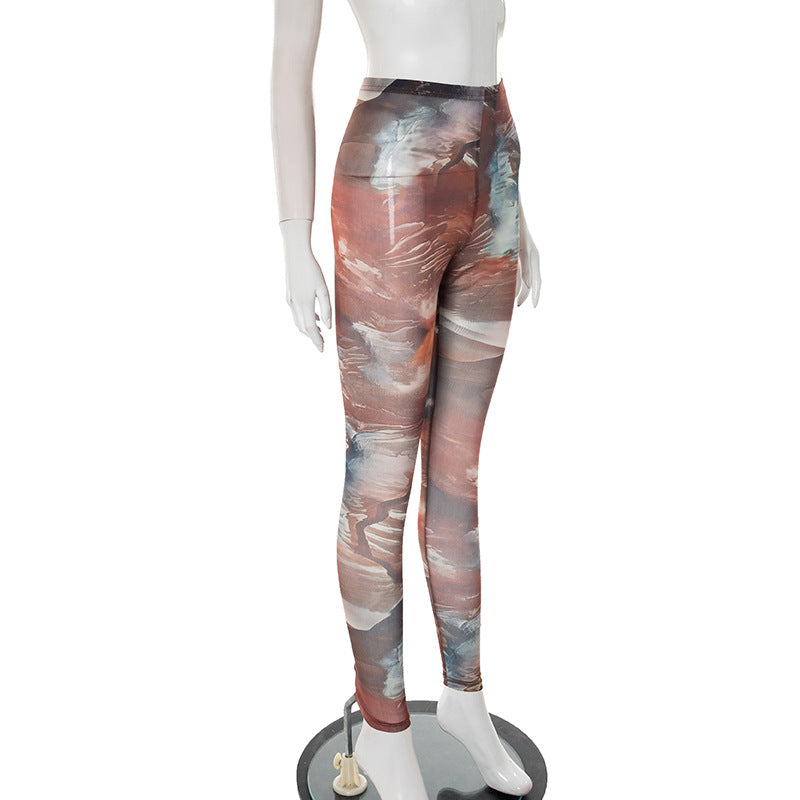 Women Spring and Summer Mesh Print See-Through Tight Pants 21