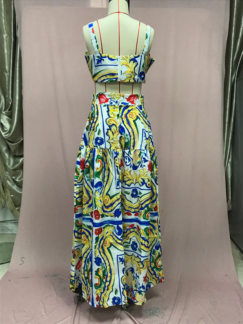 Women Sexy Chic Suspender Printed Top And Beach Skirt Two-Piece 22