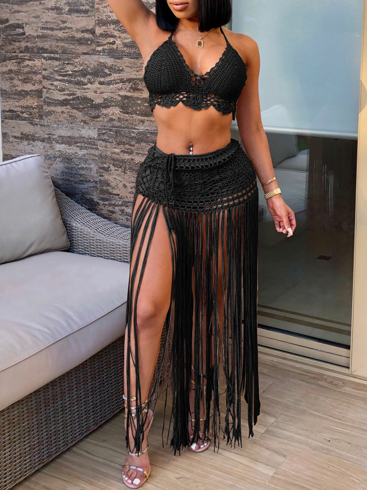 Women Beach Bikini Top and Fringed Skirt Two-piece Set 8