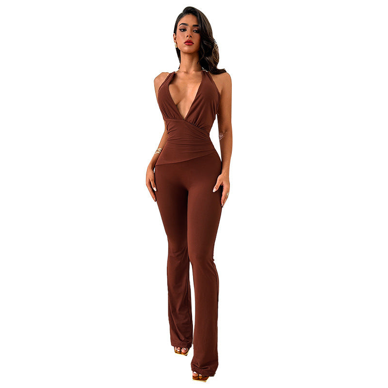 Deep V Solid Color Halter Neck Jumpsuit Autumn Slim-Fit Romper 11