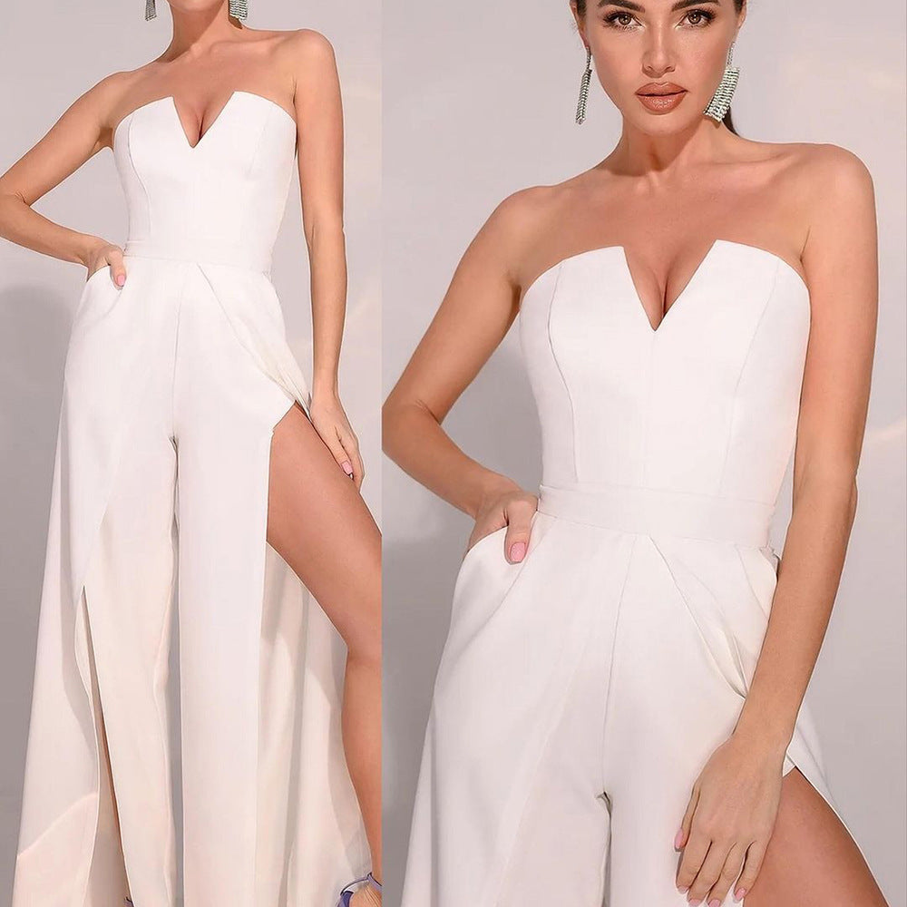 Women's Fashion Sexy V-Neck Strapless Casual Slit Jumpsuit 7