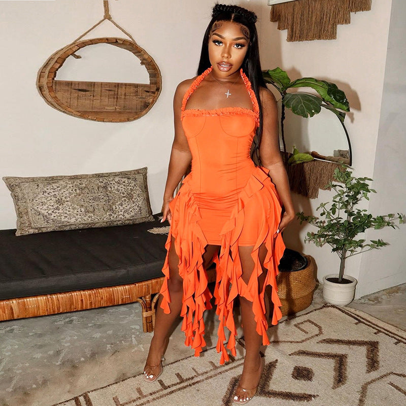 Women Sexy Halter Neck Sleeveless Backless Bodycon Irregular Dress 3