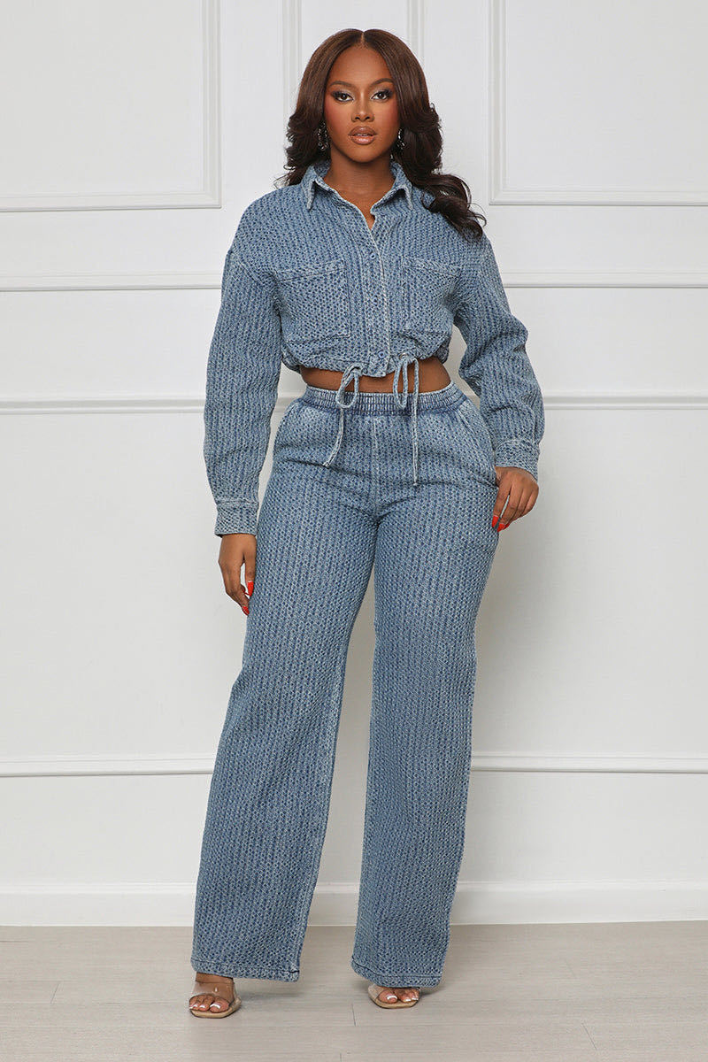 Fashion long-sleeved Denim women's two-piece trousers set 6