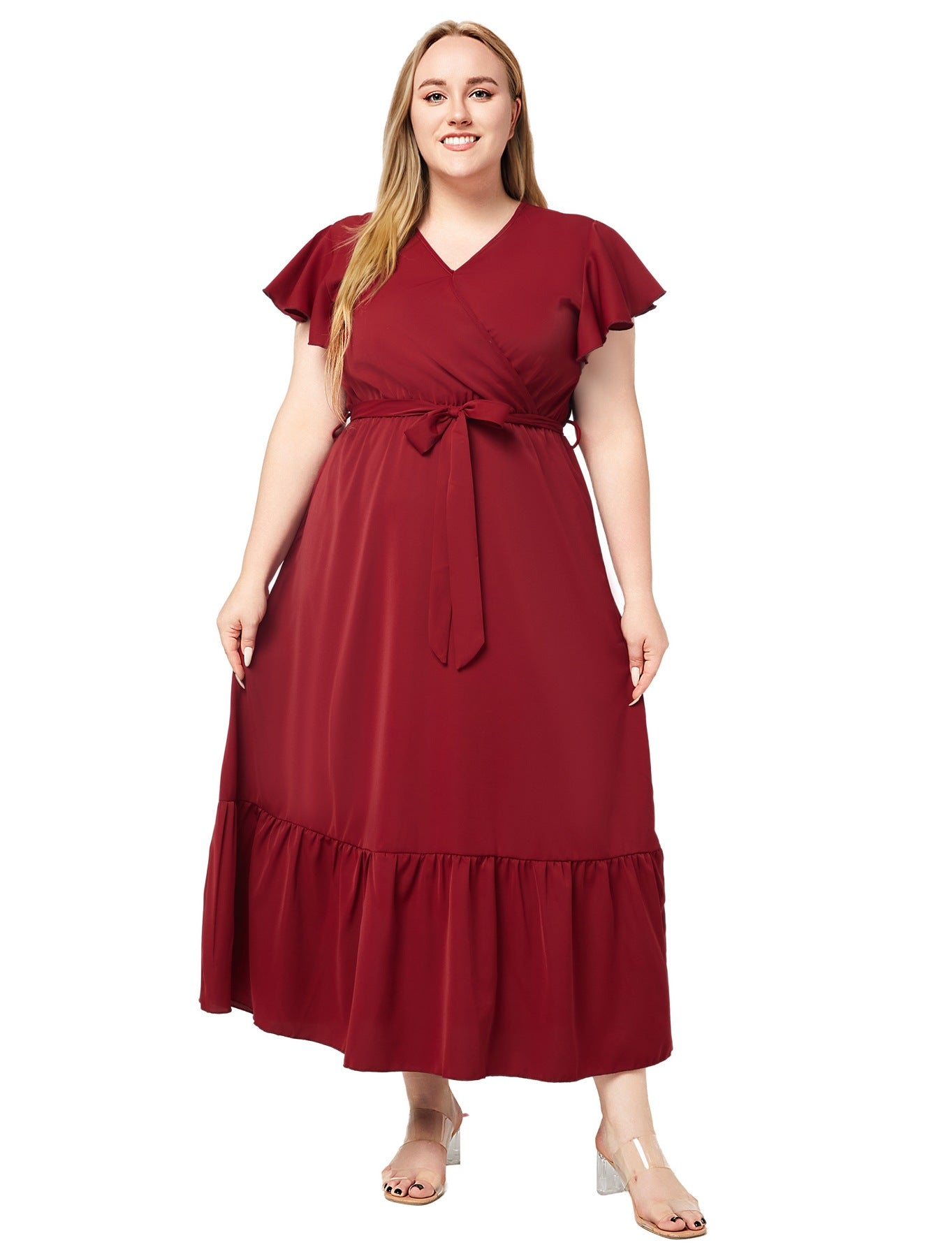 Plus Size Women Summer V Neck Short Sleeve Solid Dress