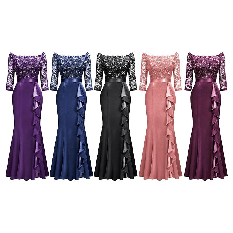 Women Elegant Floral Lace Pleated Slit Maxi Dress 9