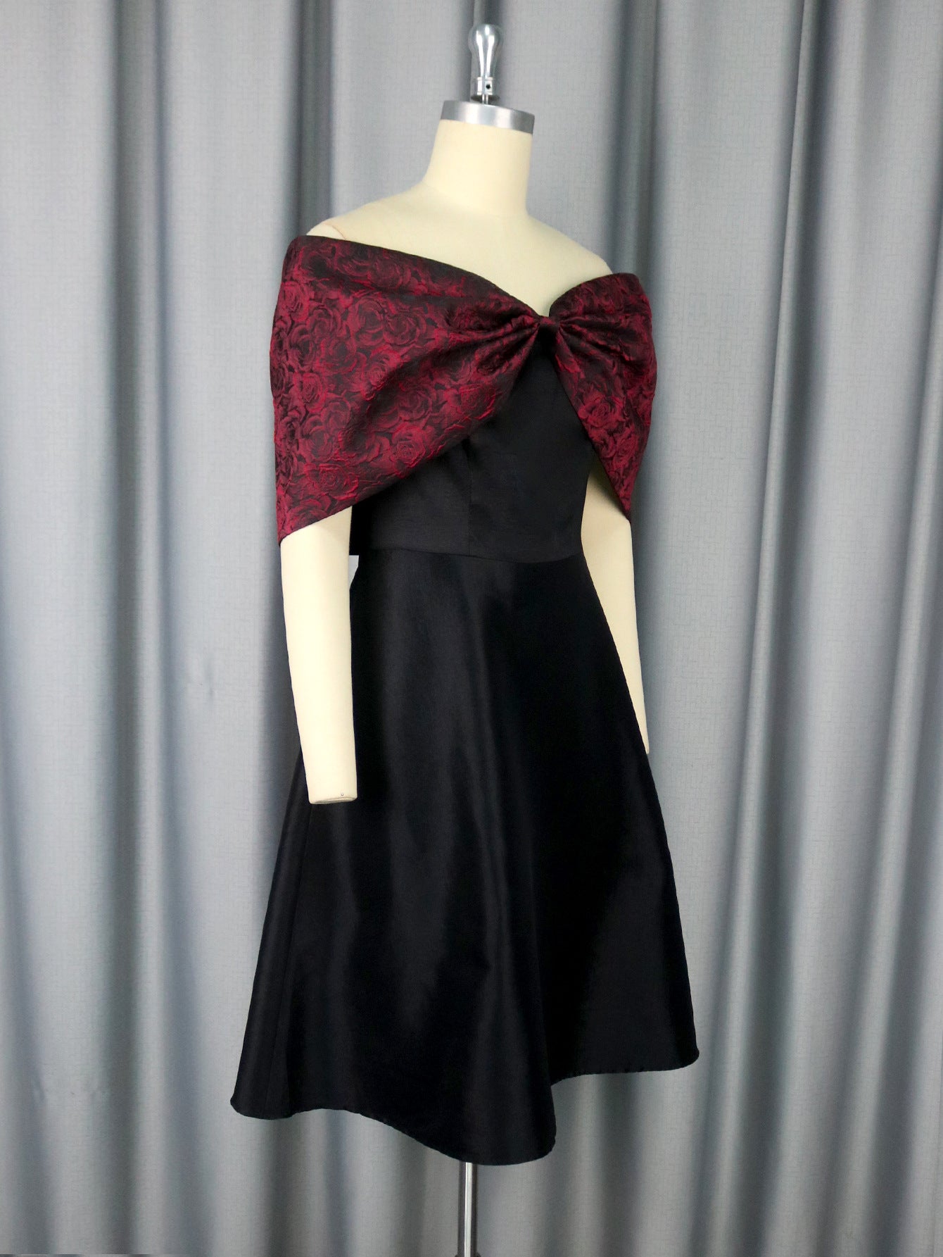 African Elegant Bow Off-Shoulder Rose Jacquard Patchwork Black Formal Party Dress 7