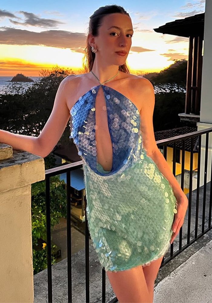 Women Sexy Sequined Halter Neck Backless Strap Dress