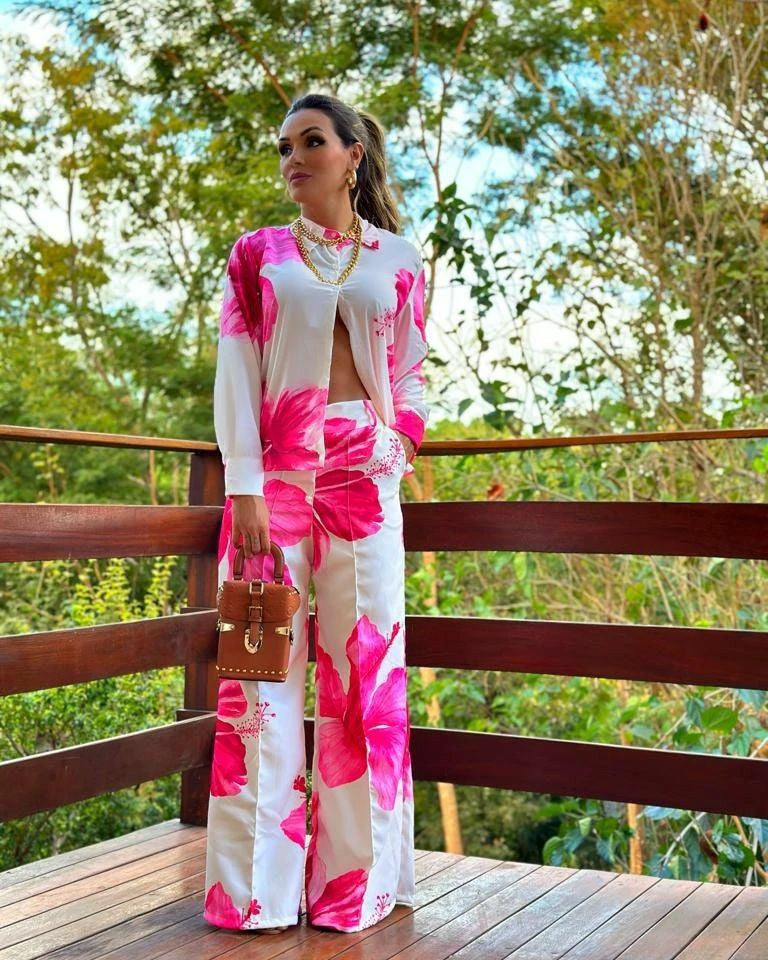 Women printed shirt and wide-leg pants Casual two-piece set 3