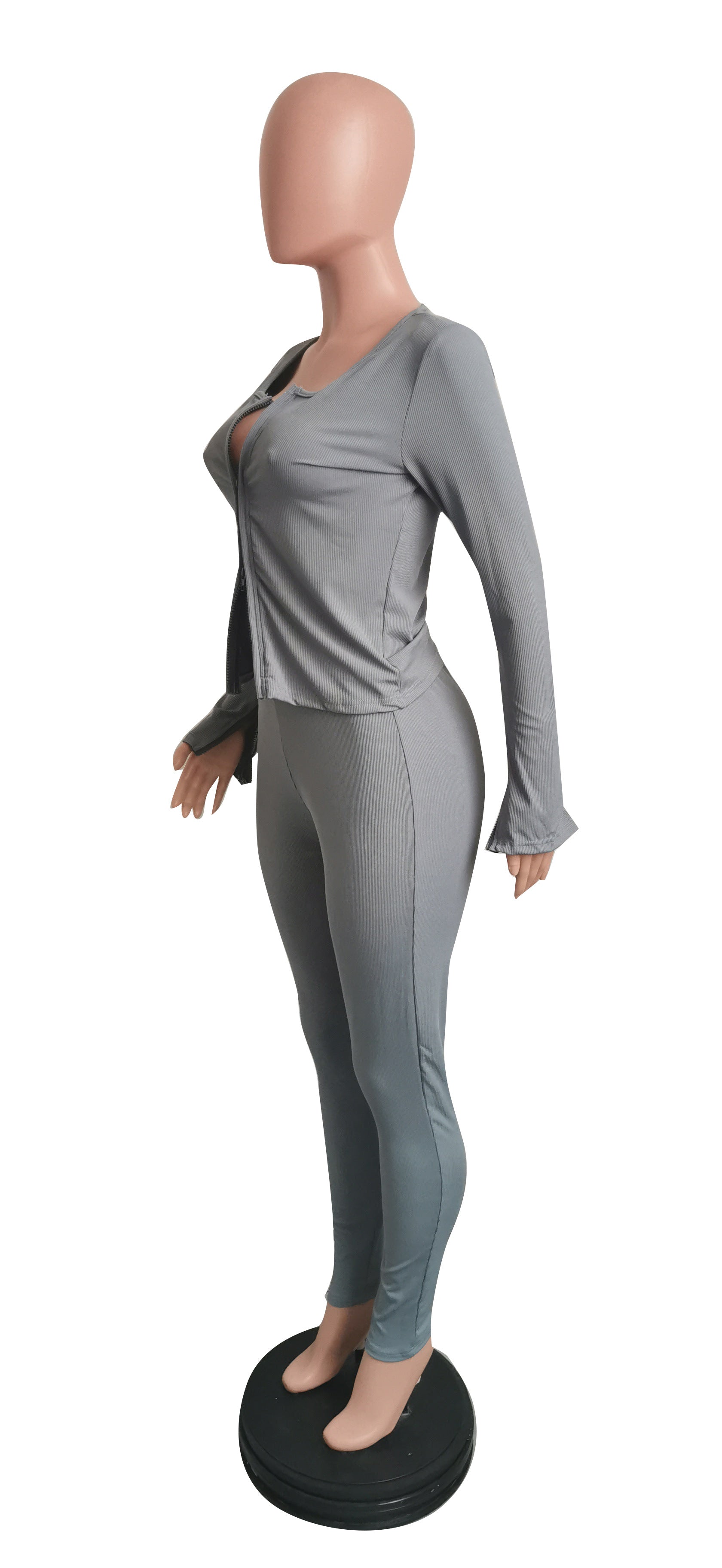 Women Solid Casual Zippered Ribbed Top and Pants Two-piece Set 13