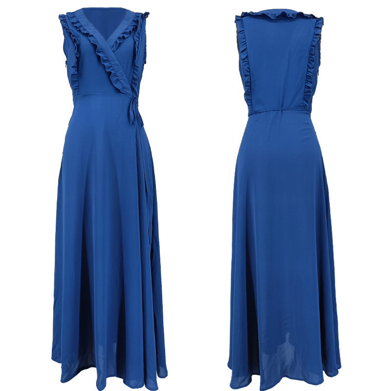 Women solid sleeveless V-neck Ruffle Edge dress 9