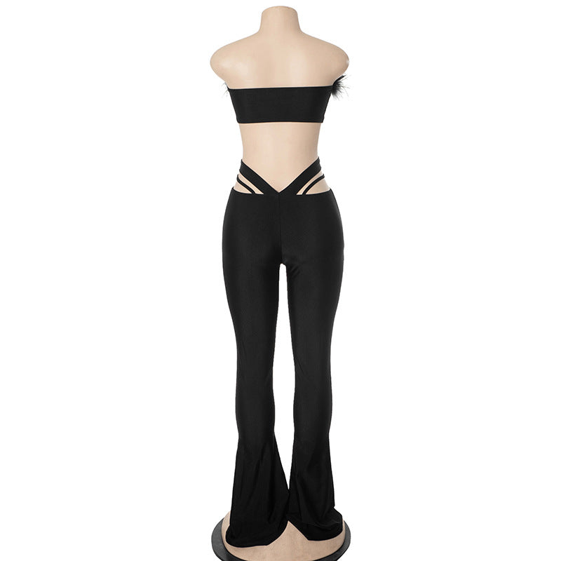 Women Fur Strapless Top and Bell Bottom Pants Two Piece Set 7