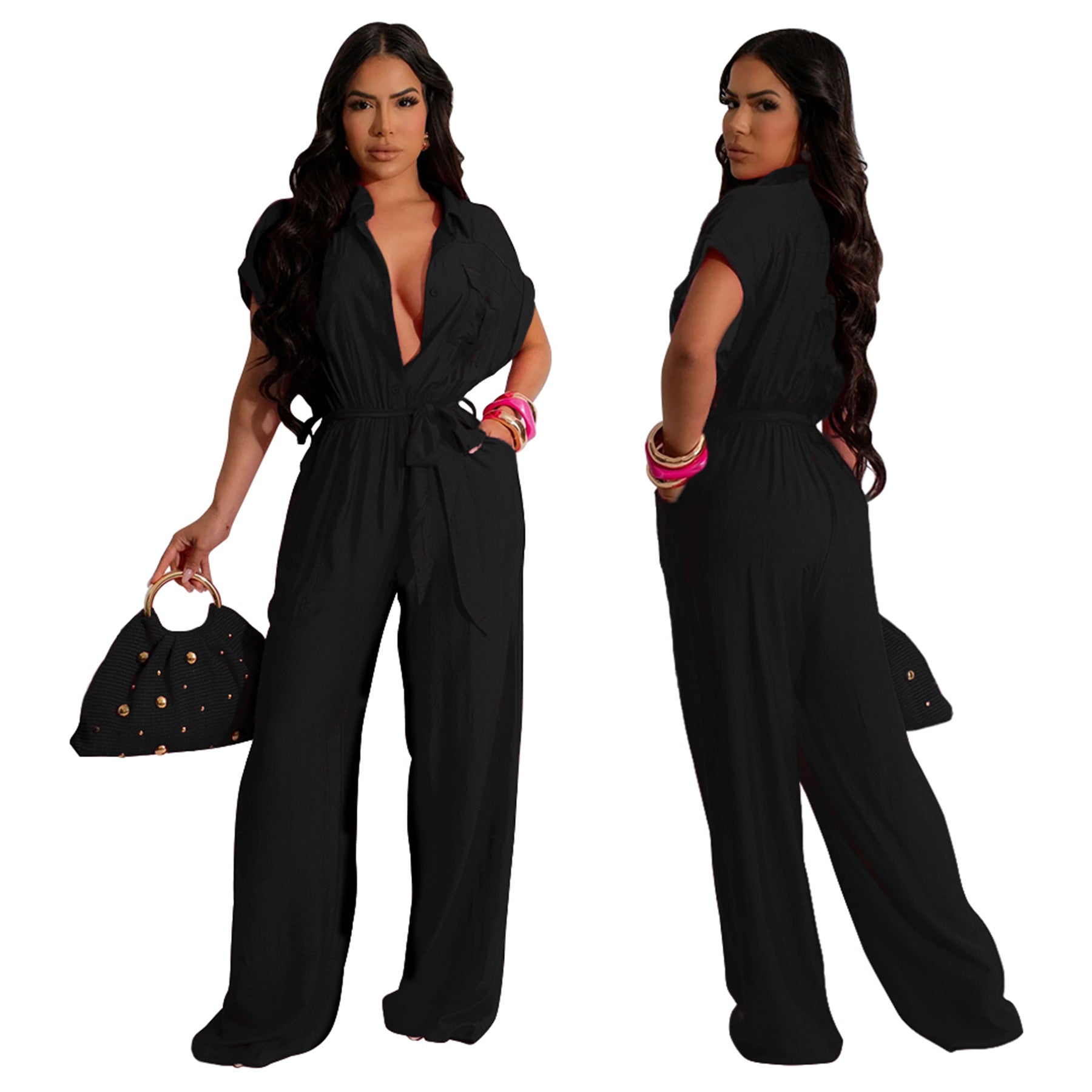 Women's Solid Color Casual Women's Turndown Collar Short Sleeve Linen Jumpsuit 3