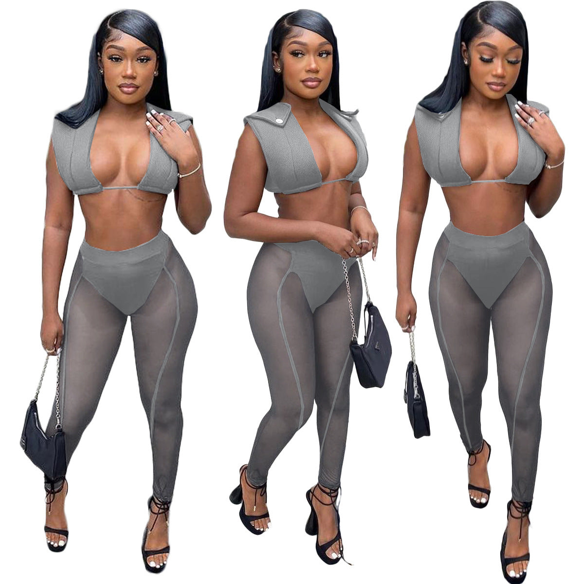 Women 's Mesh See-Through Hollow Vest Mid-Waist Sexy Pants Two Piece Set 17