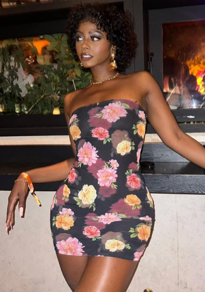 Summer Fashion Flower Print Sexy Strapless Short Dress