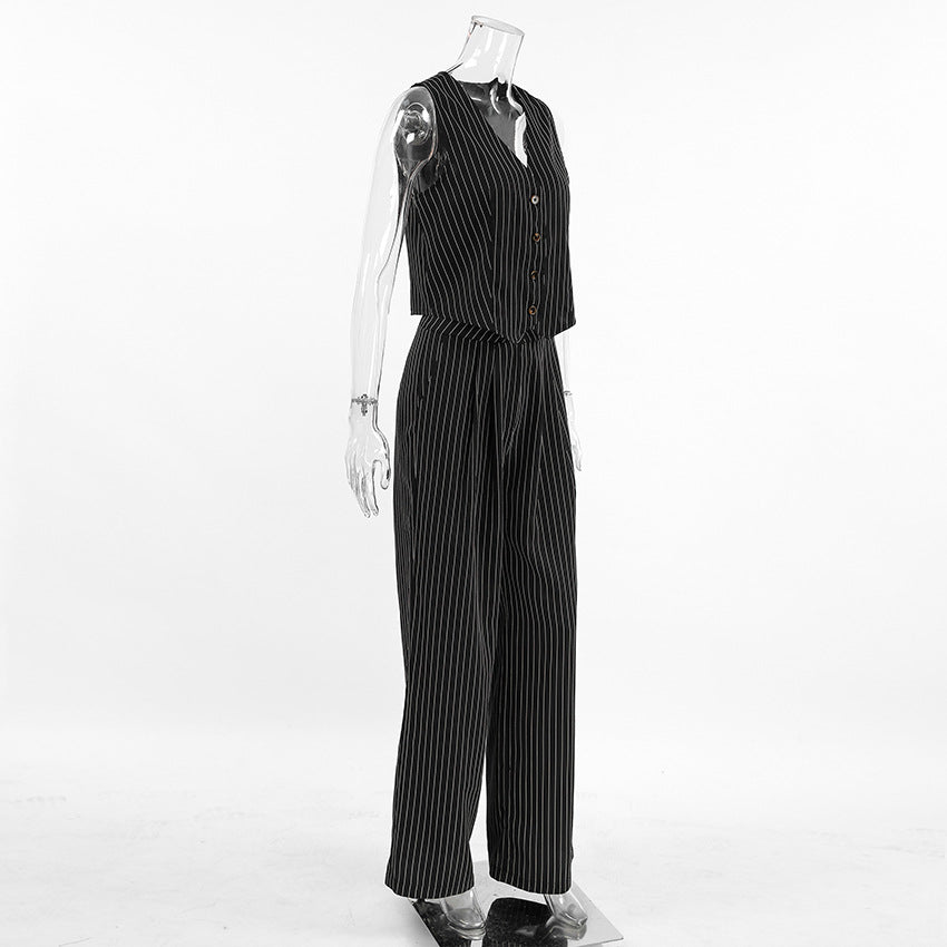 Summer Black And White Striped Chic Career Sleeveless Vest Pants Fashion Two-Piece Set 9