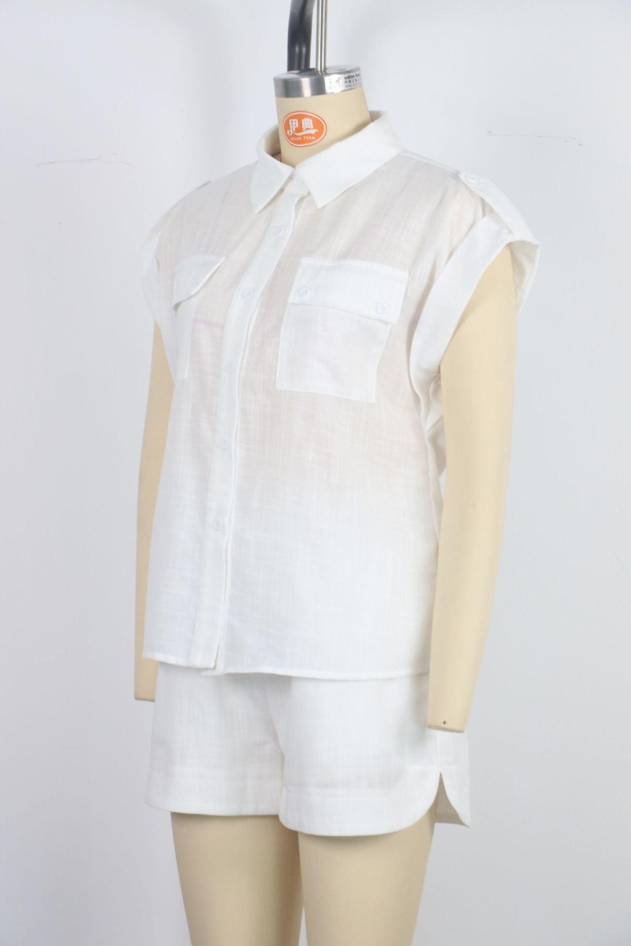 Women roll-up sleeve pocket casual shirt and shorts two-piece set 13