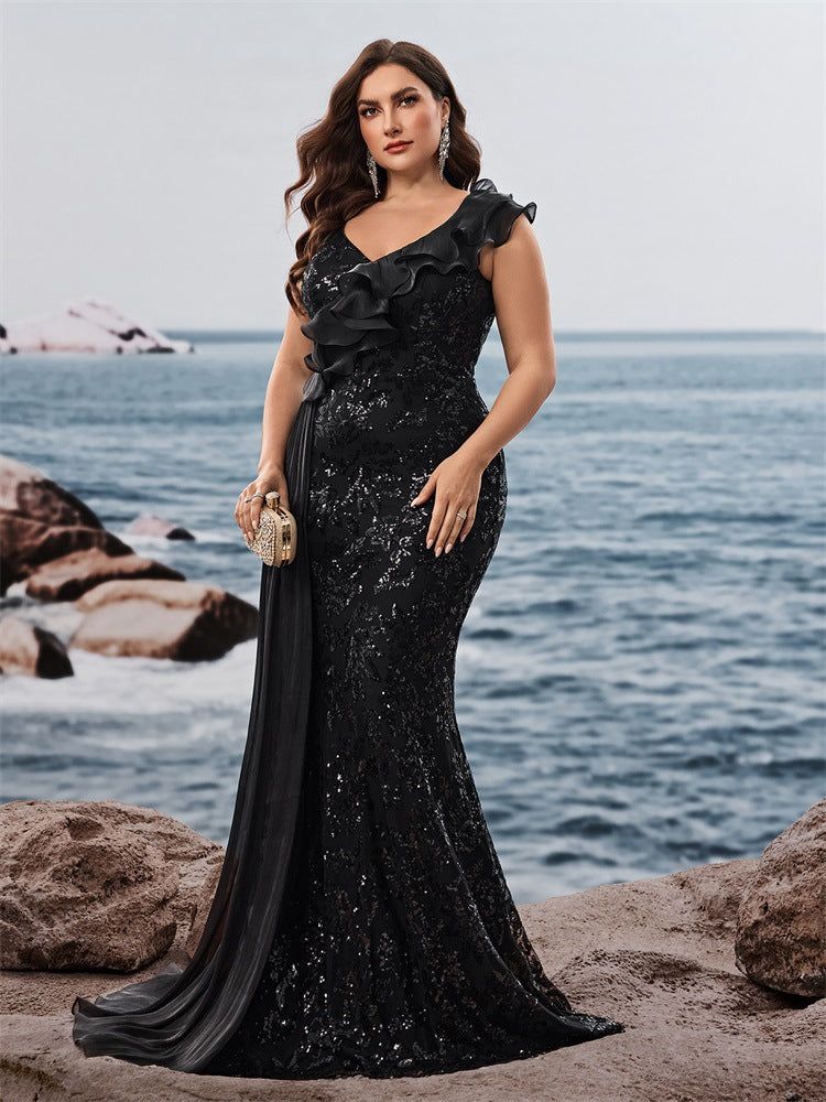 Plus Size Women's Elegant Sequin Patchwork V-Neck Ruffle Sleeve Evening Dress Mother of the Bride Gown 4