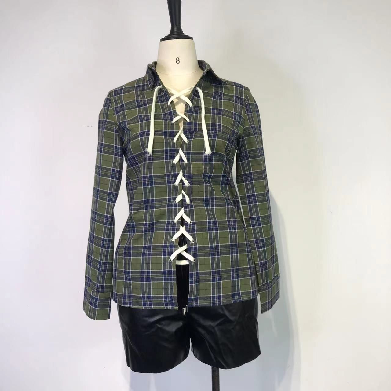 Women Casual Sexy Plaid Long-Sleeve Lace-Up Shirt 7