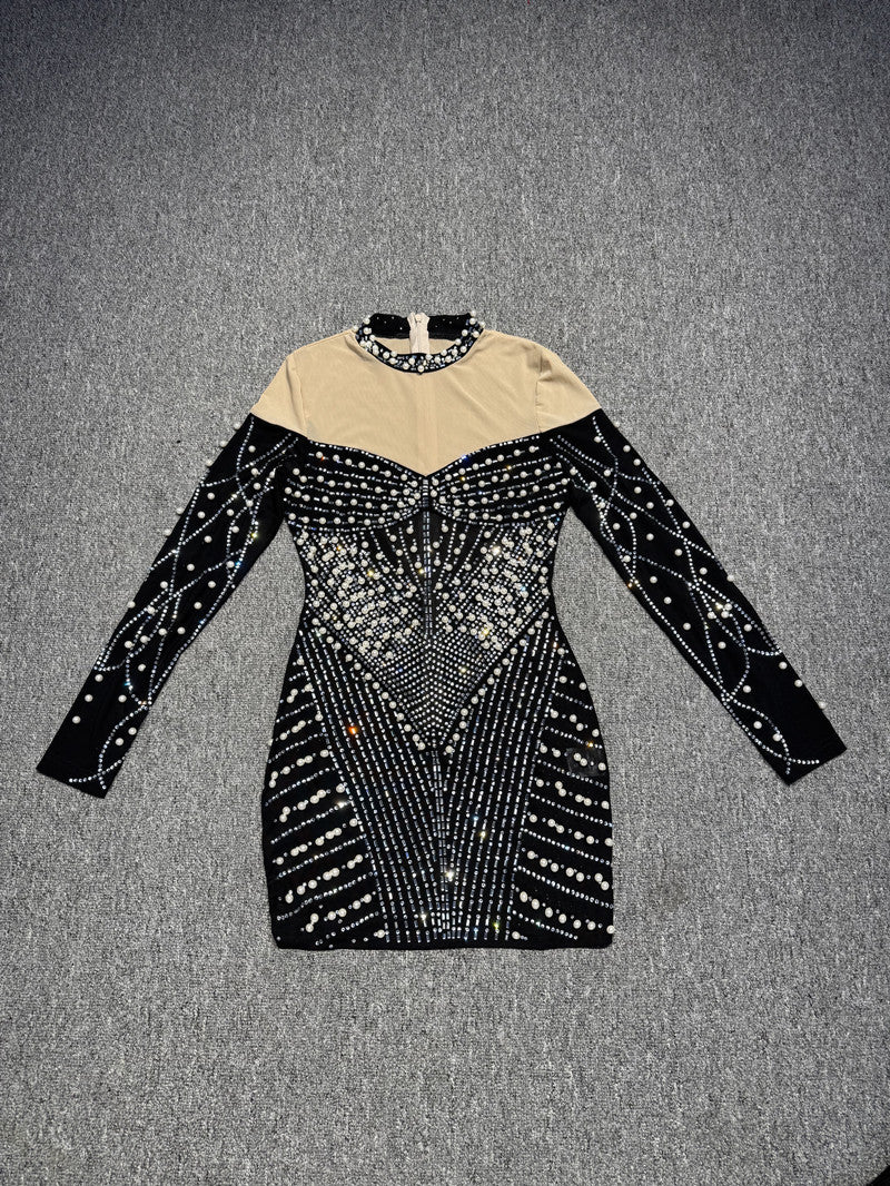 Women See-Through Sexy Beaded Pearl Contrast Long Sleeve Dress 9