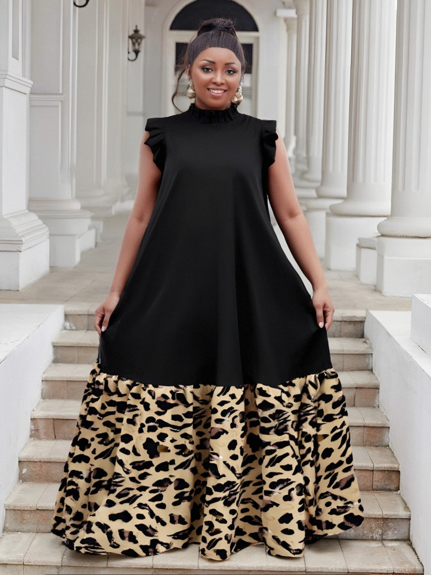 Plus Size Women summer ruffled Round Neck leopard print Patchwork dress 9