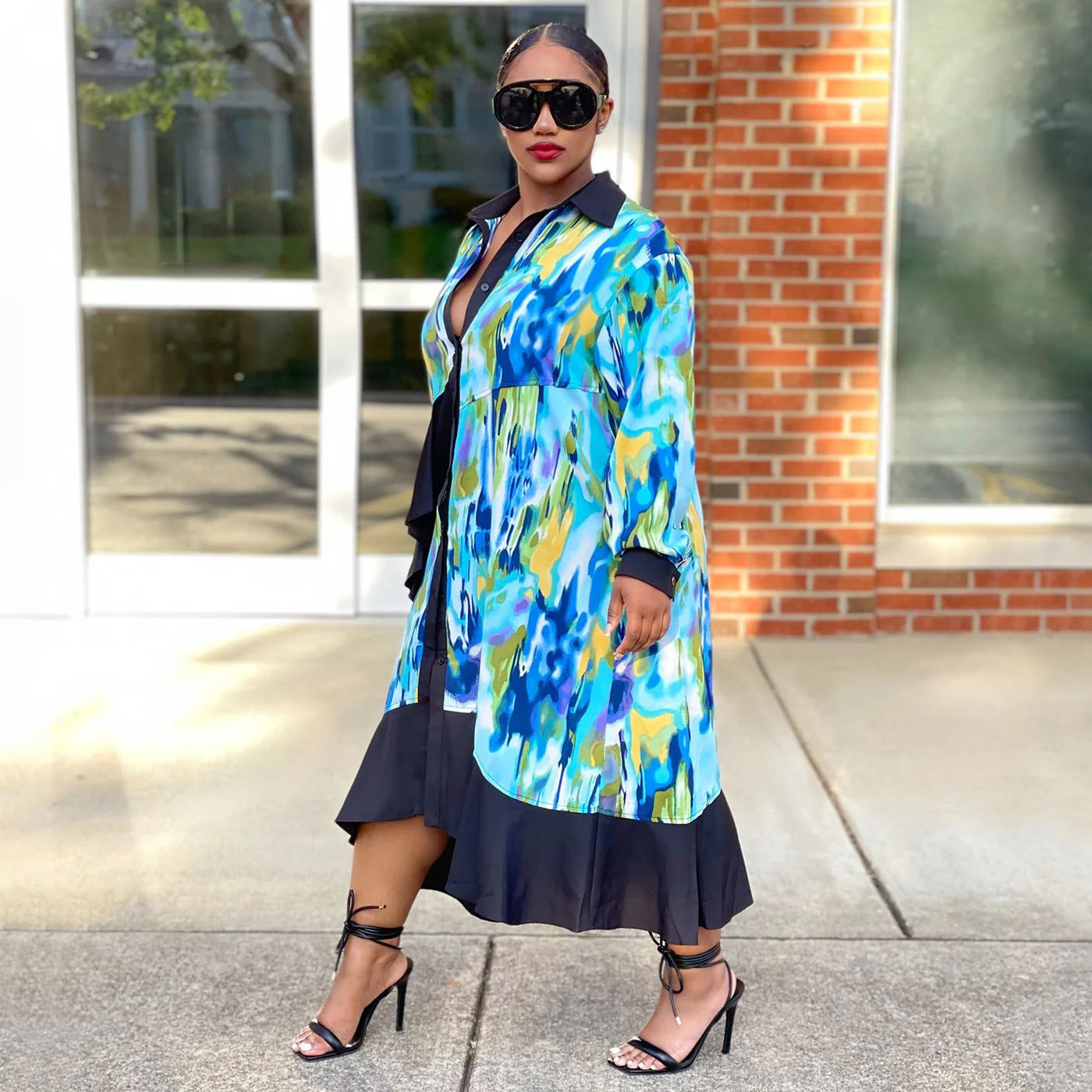 Autumn Print Ruffled Patchwork Irregular Loose Casual Plus Size Shirt Dress 4