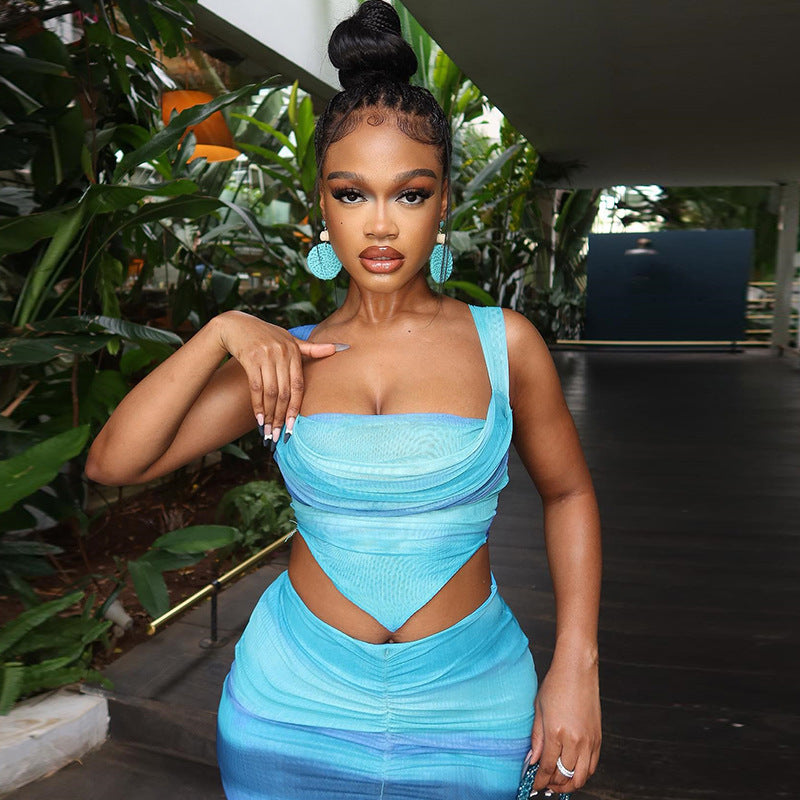 Women sexy lace-up vest And split printed skirt two-piece set 3