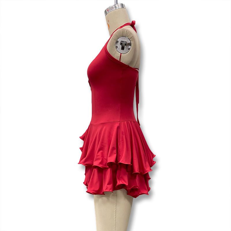 Summer Halter Neck Single-Button Ruffled Mini Dress 16