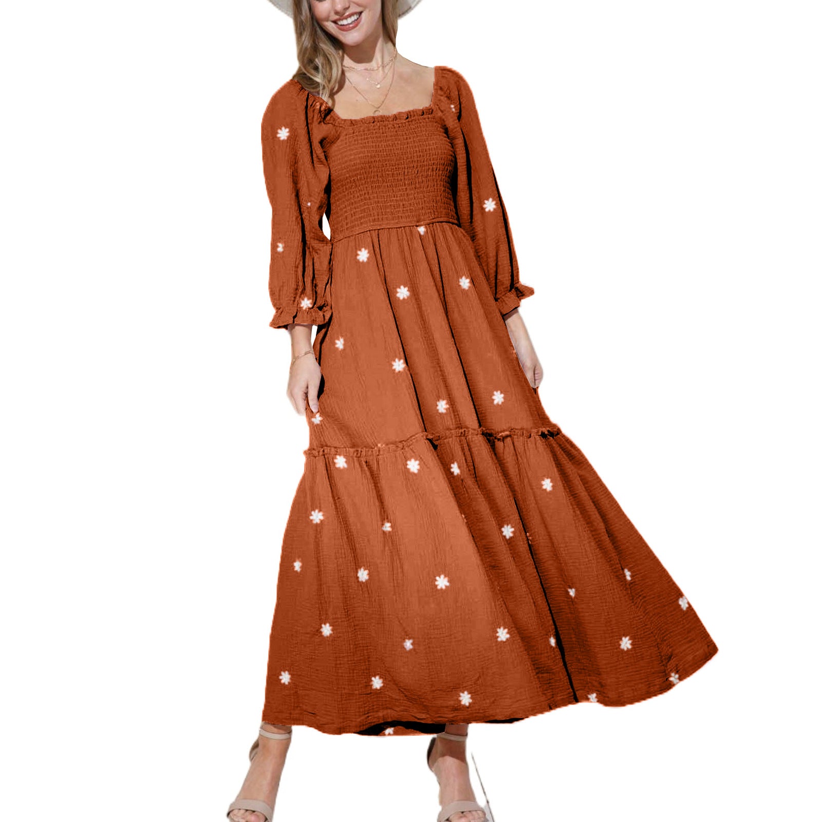 Autumn Casual Bell Bottom Sleeves Sunflower Embroidered Square Neck Swing Dress 3