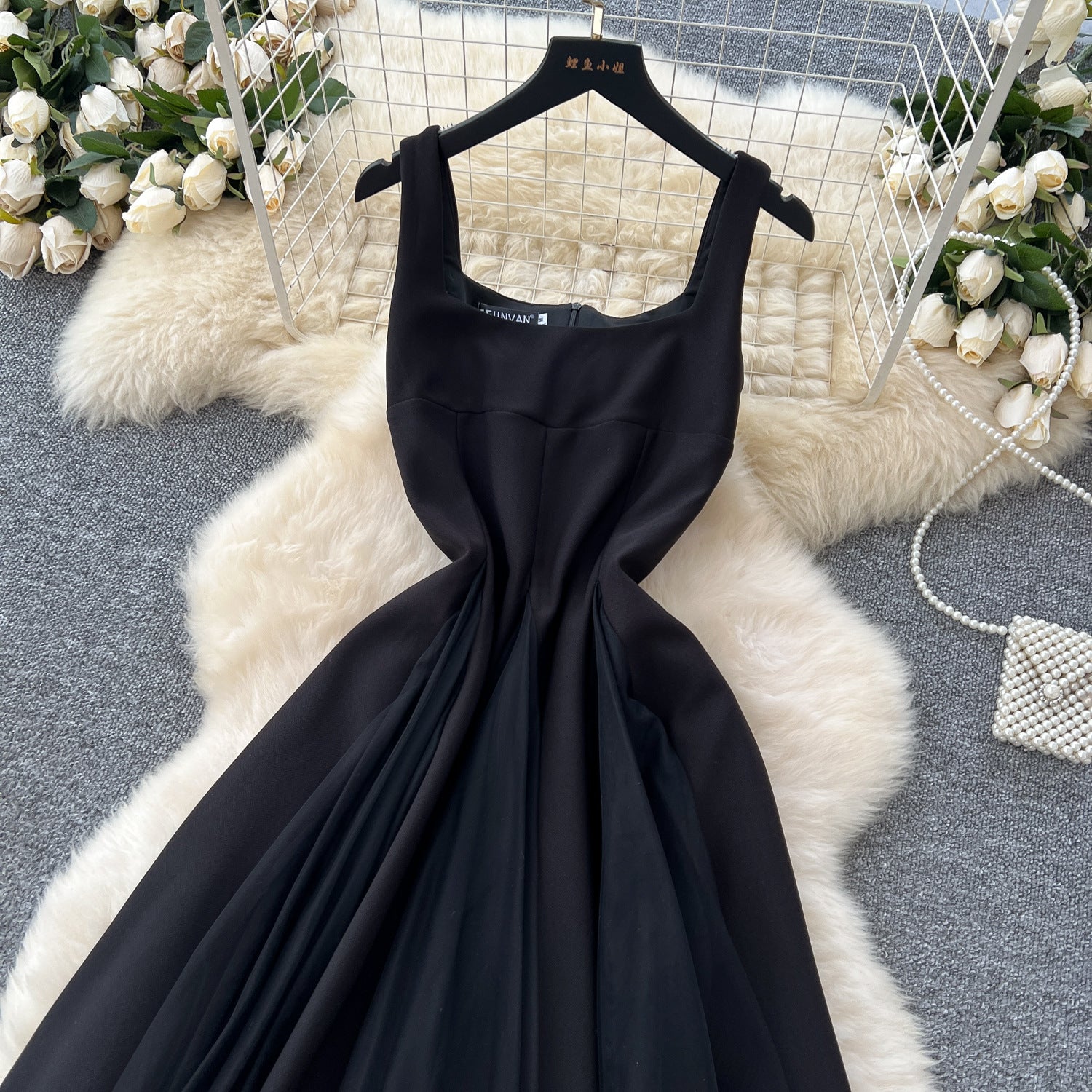 Women's Summer Square Neck Strap Mesh Patchwork Puffy Long Dress 18