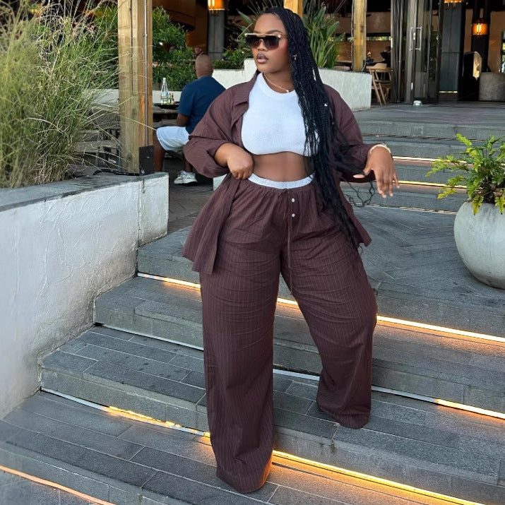 Plus Size High Waist Striped Shirt Trousers African Trendy Two Piece Set 4