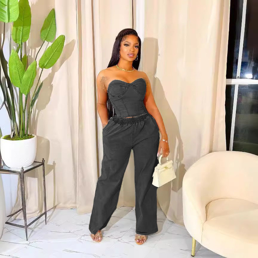 Women casual stretchy denim sleeveless top and pant two-piece suit 8
