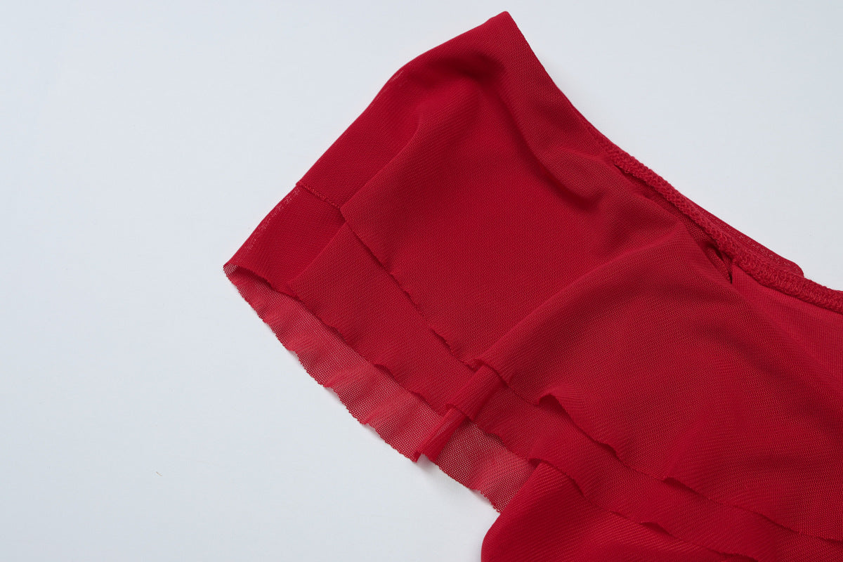 Women Solid sexy wrap chest Top and pleated layered mesh irregular Maxi Skirt two-piece set 11