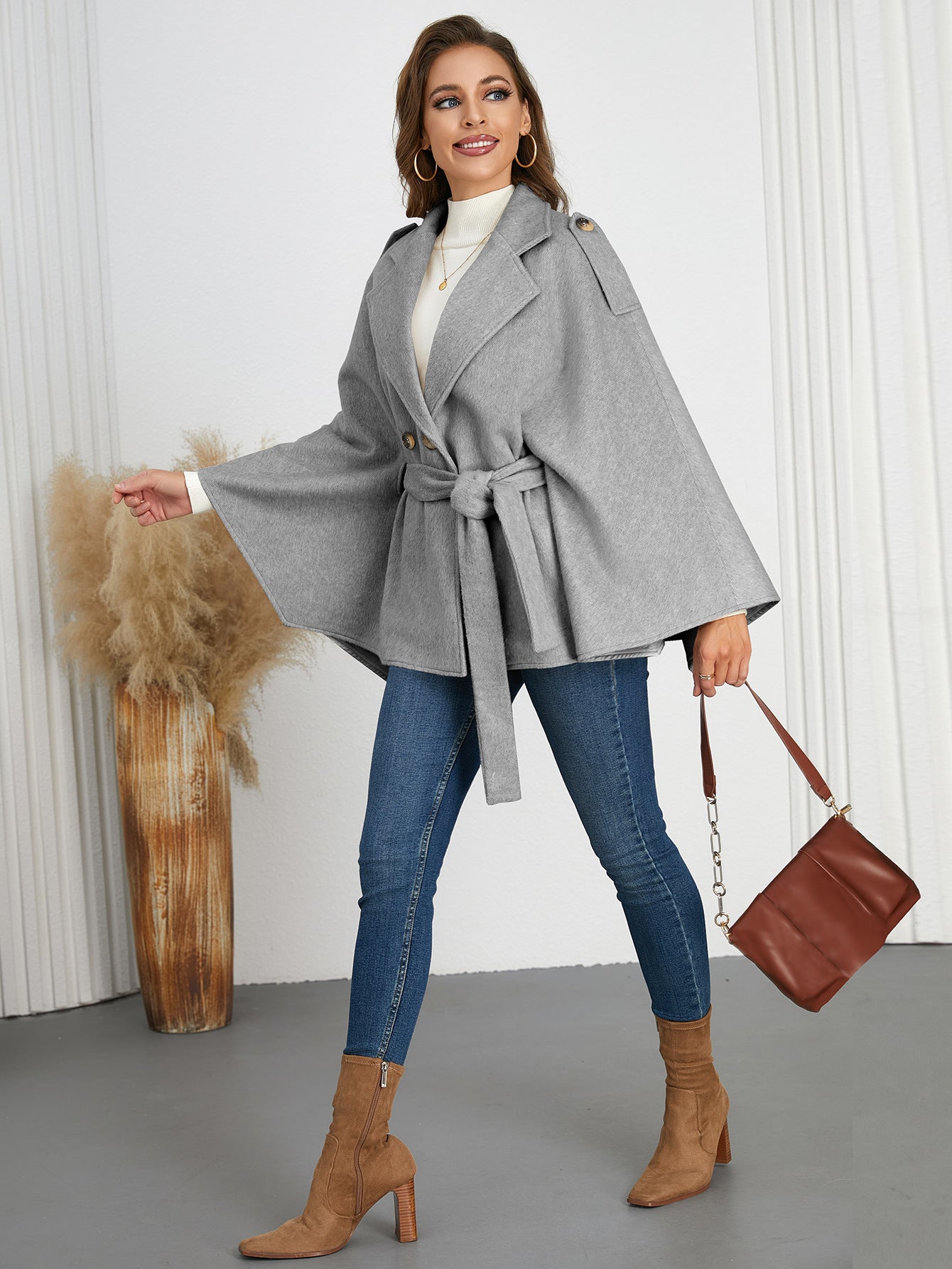 Women Winter Turndown Collar Cape Coat 6