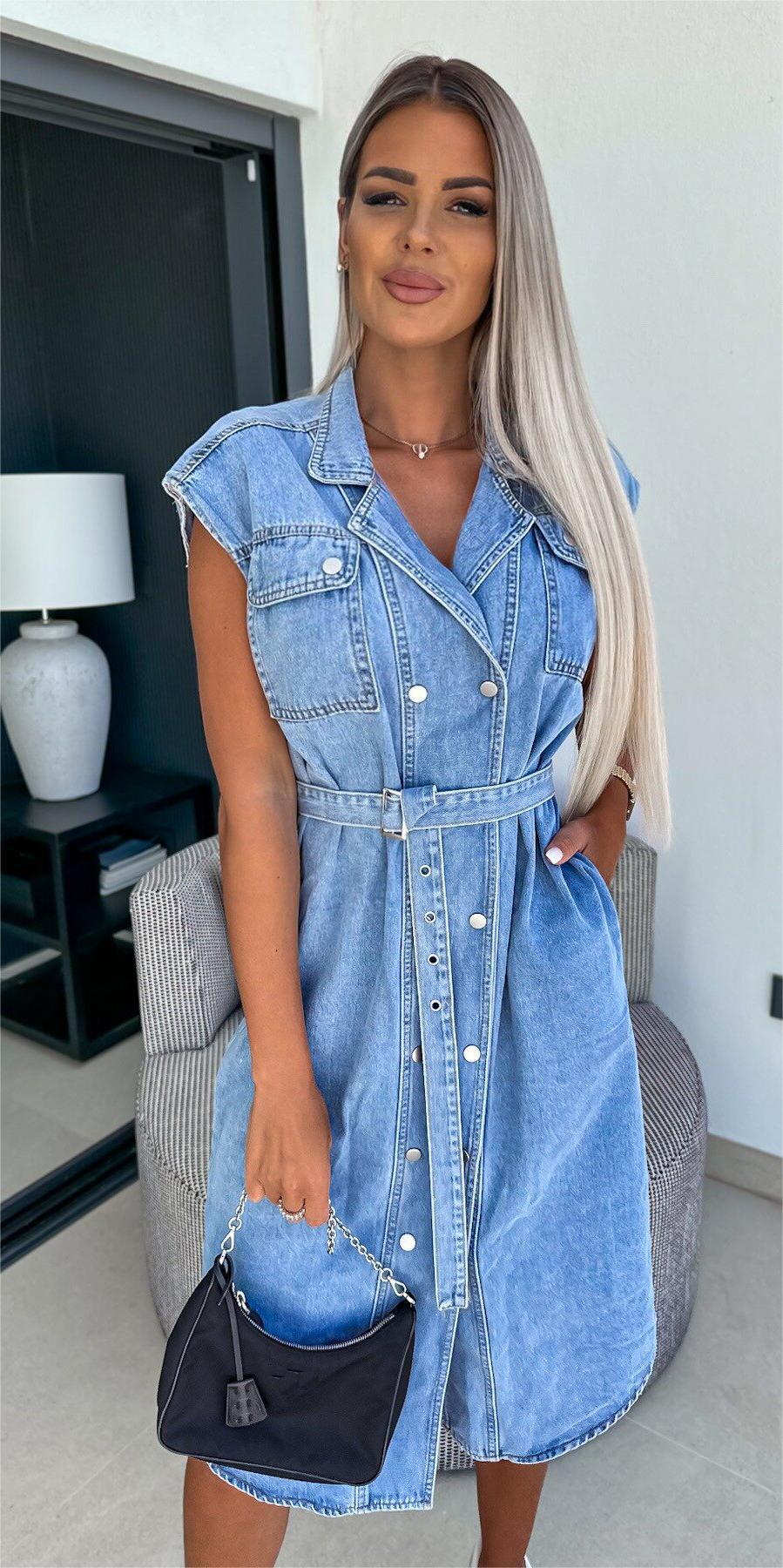 Women's Sleeveless Buttoned Belt Denim Dress 7