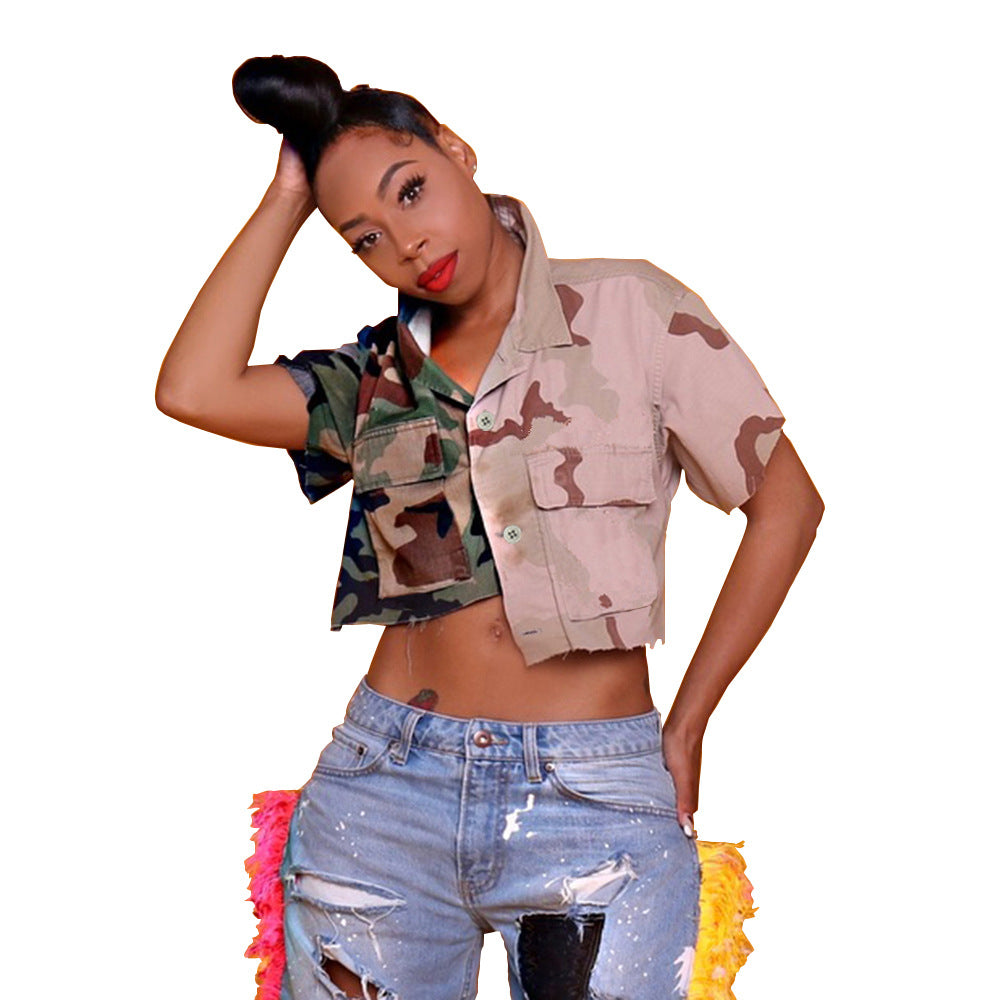 Autumn Contrasting Color Camouflage Pocket Loose Street Trendy Women'S Tops 6
