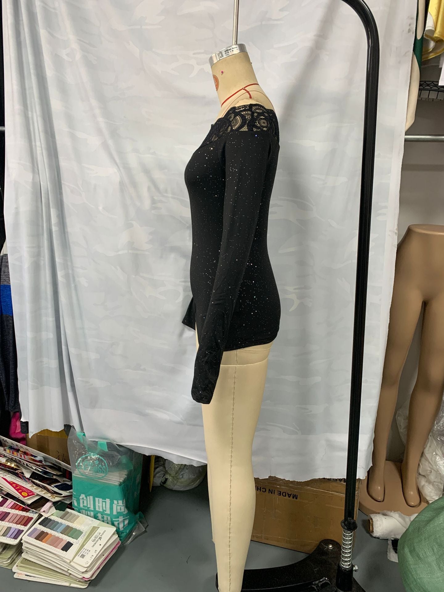 Women lace Off Shoulder sexy black long sleeve Top 7