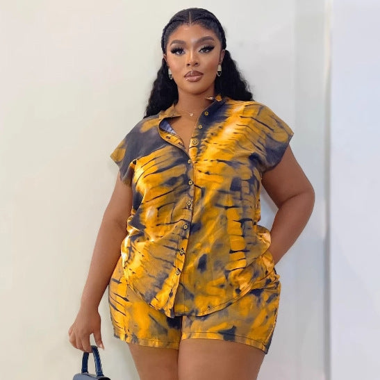 Women's Short Sleeve Turndown Collar Plus Size Print Shirt Casual Shorts African Fashion Loose Two-Piece Set
