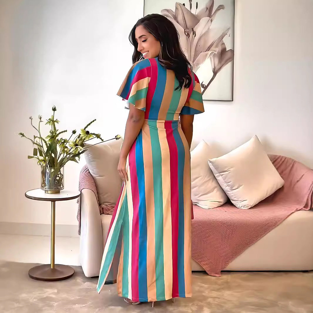 Striped Print Lace-Up Bow Slim Waist A-Line Long Dress 4