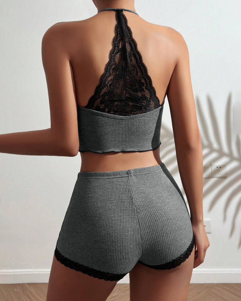 Women contrasting lace patchwork backless waffle casual Pajama two-piece set 6