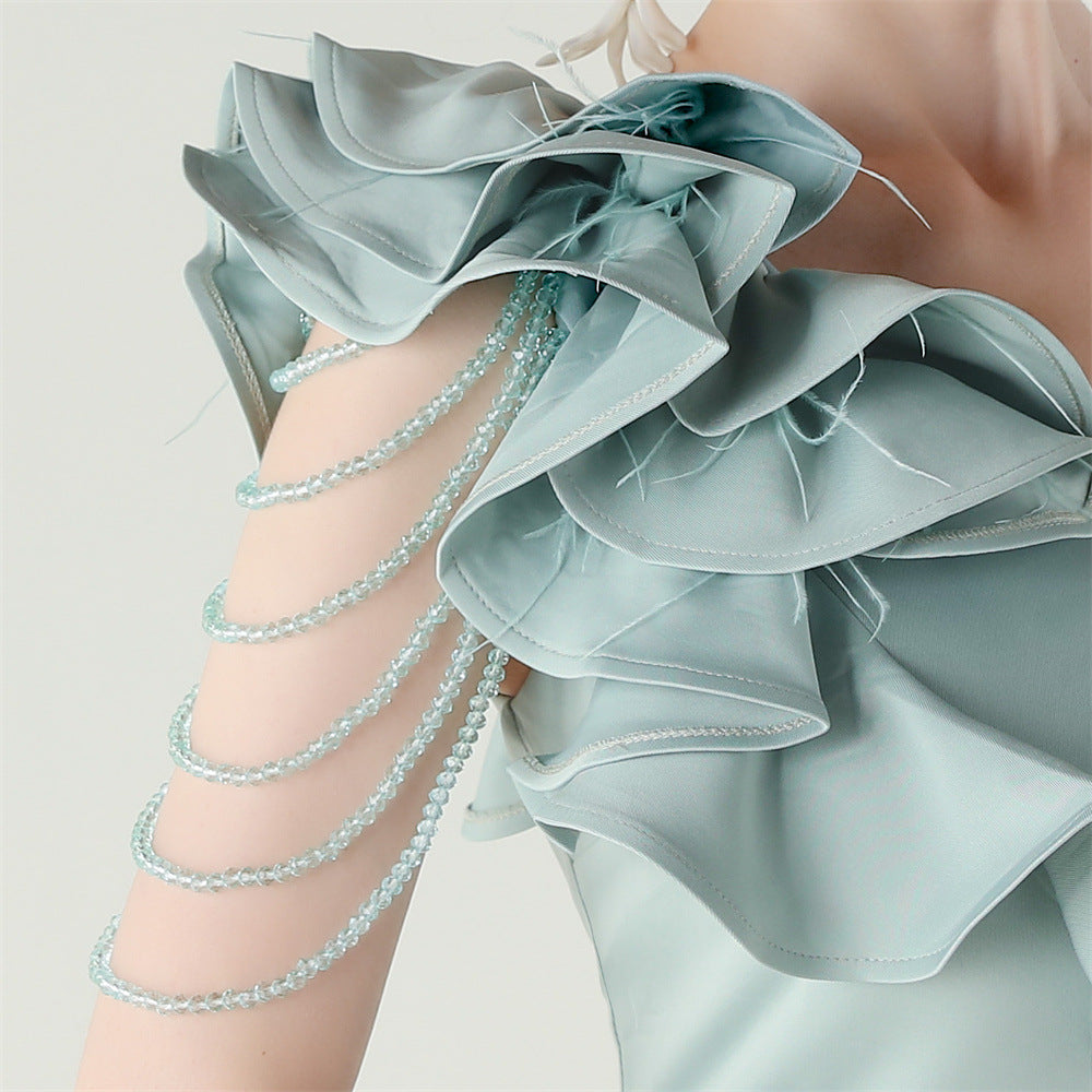 Women One-Shoulder Beaded Wool and Floral Satin Slit Sexy Evening Dress 63