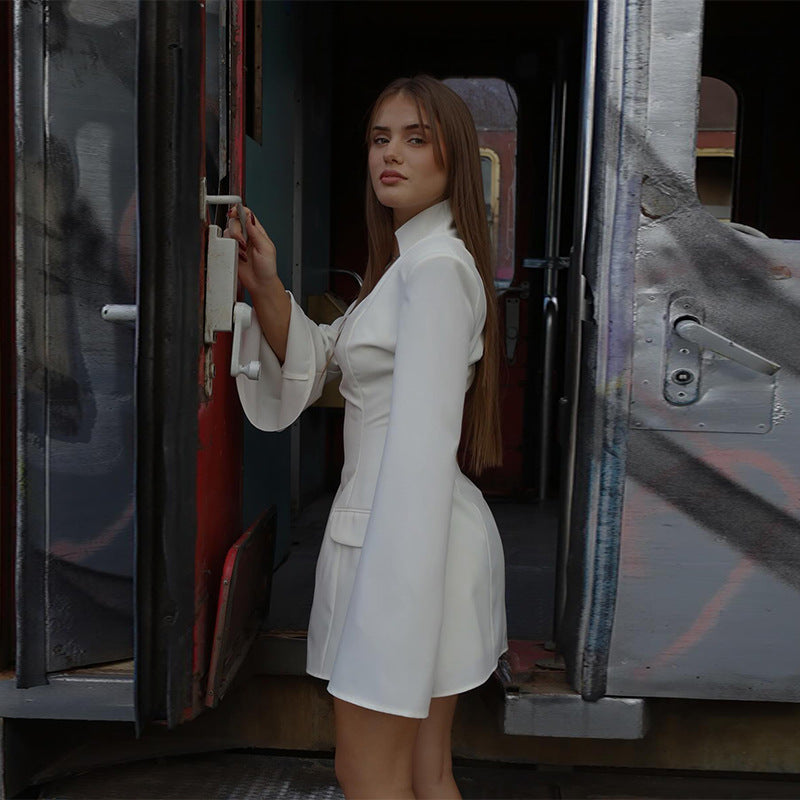 Spring Solid Color V-Neck Long Sleeve Slim Short Sexy Women's Dress 4