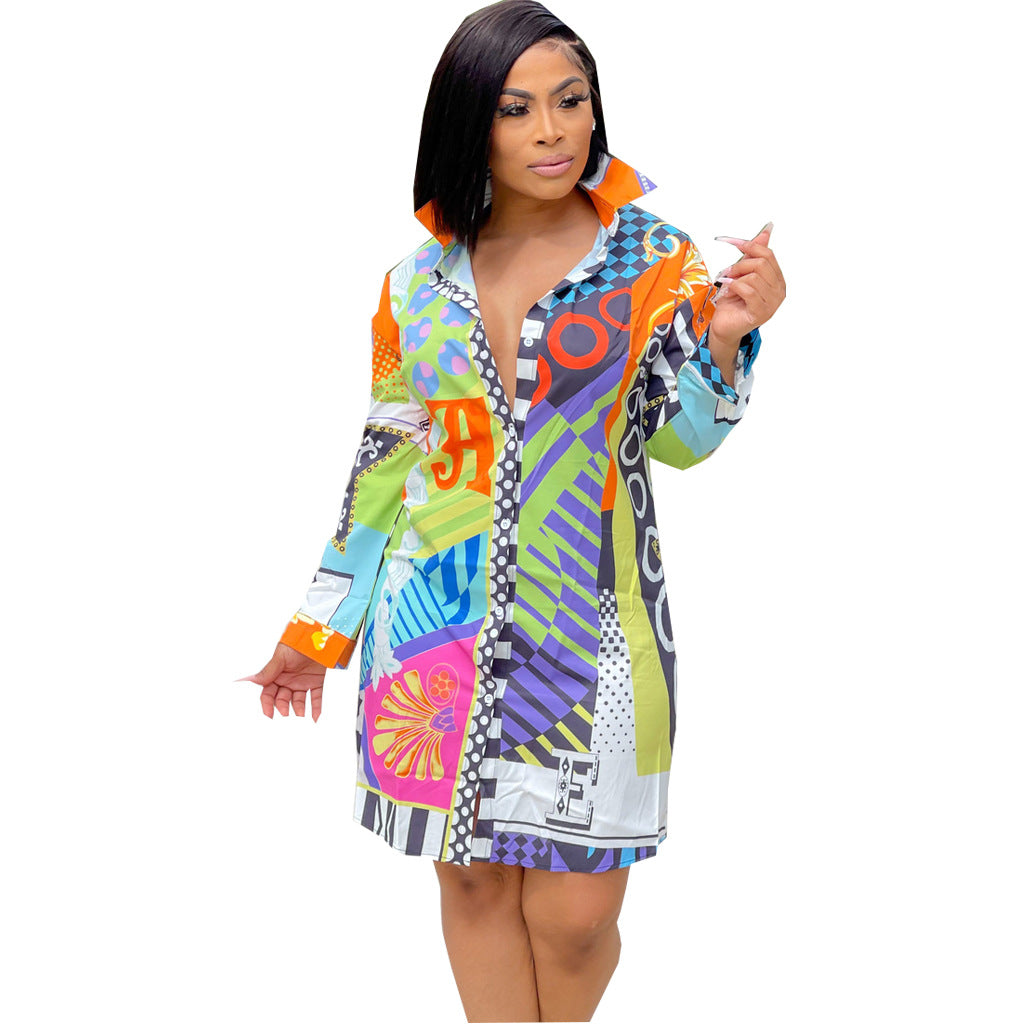 Casual Fashion Print Multicolor Women'S Shirt Dress 6