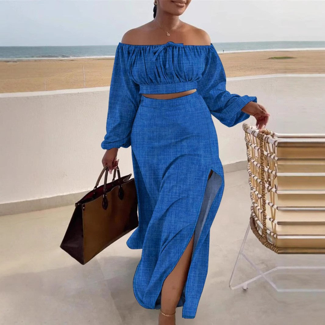Women Casual Off-Shoulder Slit Top and Long Skirt Two Piece Set 3