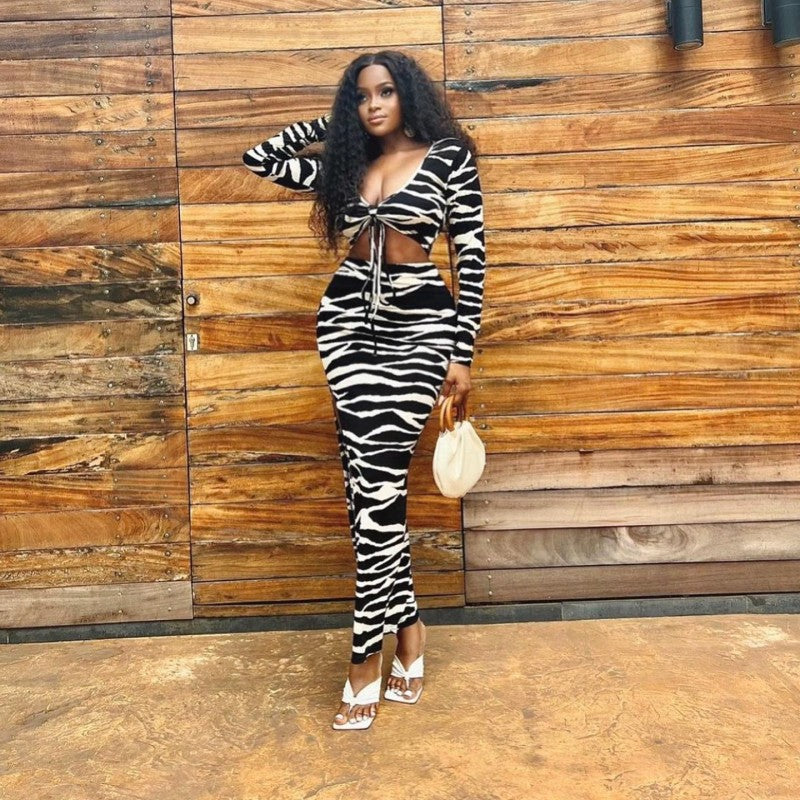 Fall Zebra Print Long Sleeve Tie Crop Top Slit Skirt Two Piece Set