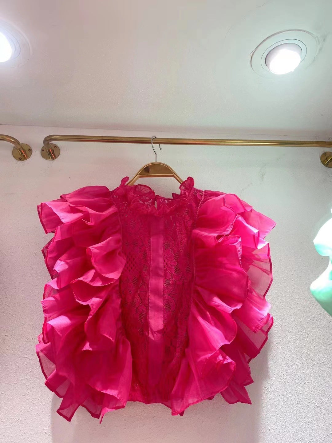 Women Summer French Ruffle Patchwork Crochet Hollow Stand Collar Lace Shirt 5