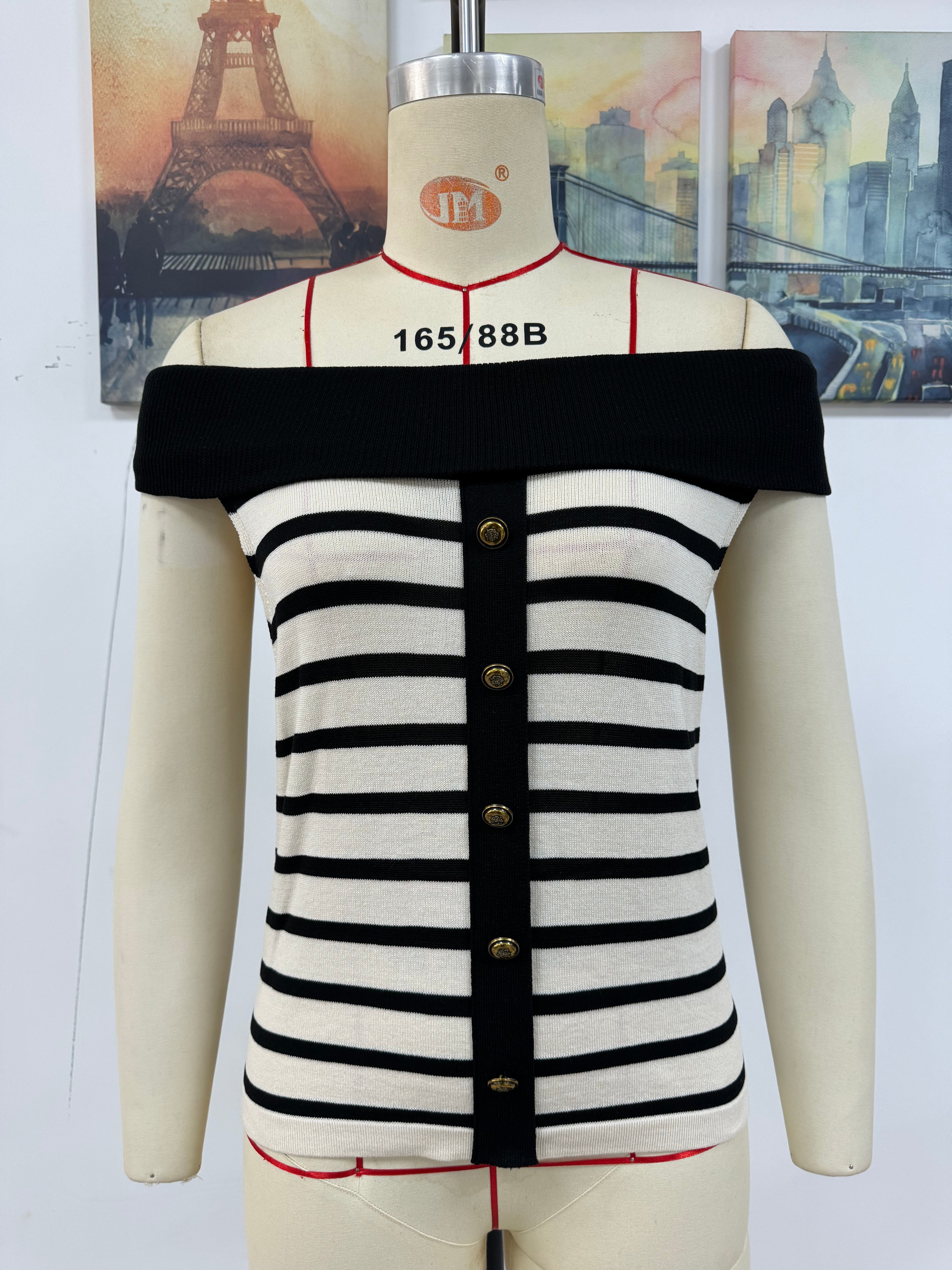 Spring/Summer Women's Fashion Long-Sleeve Striped Off-Shoulder Knit Top 33