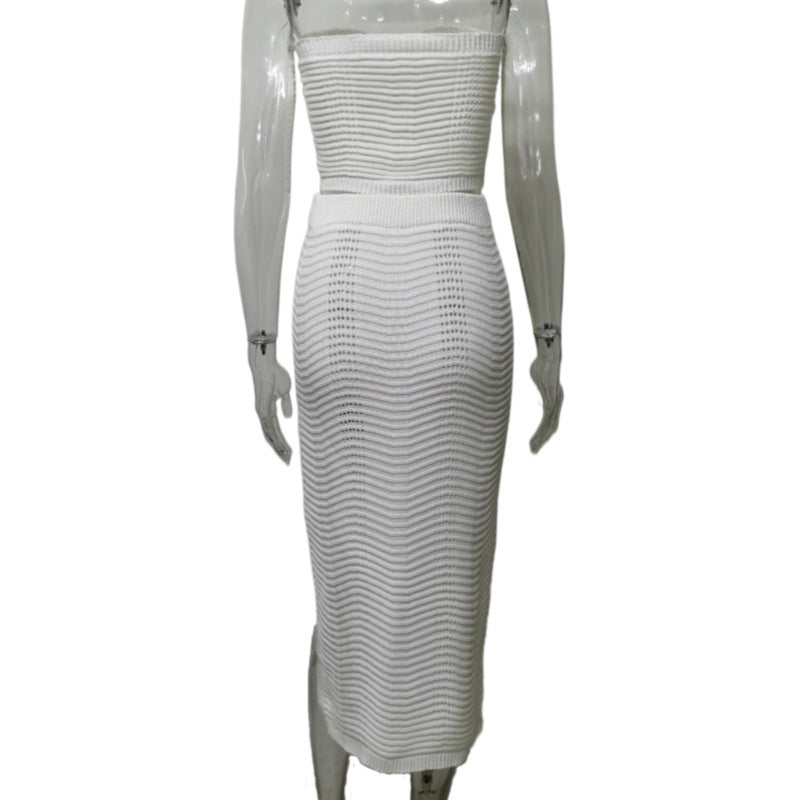 Women Spring Sleeveless Strapless Top and Slit Skirt Two-piece Set 9