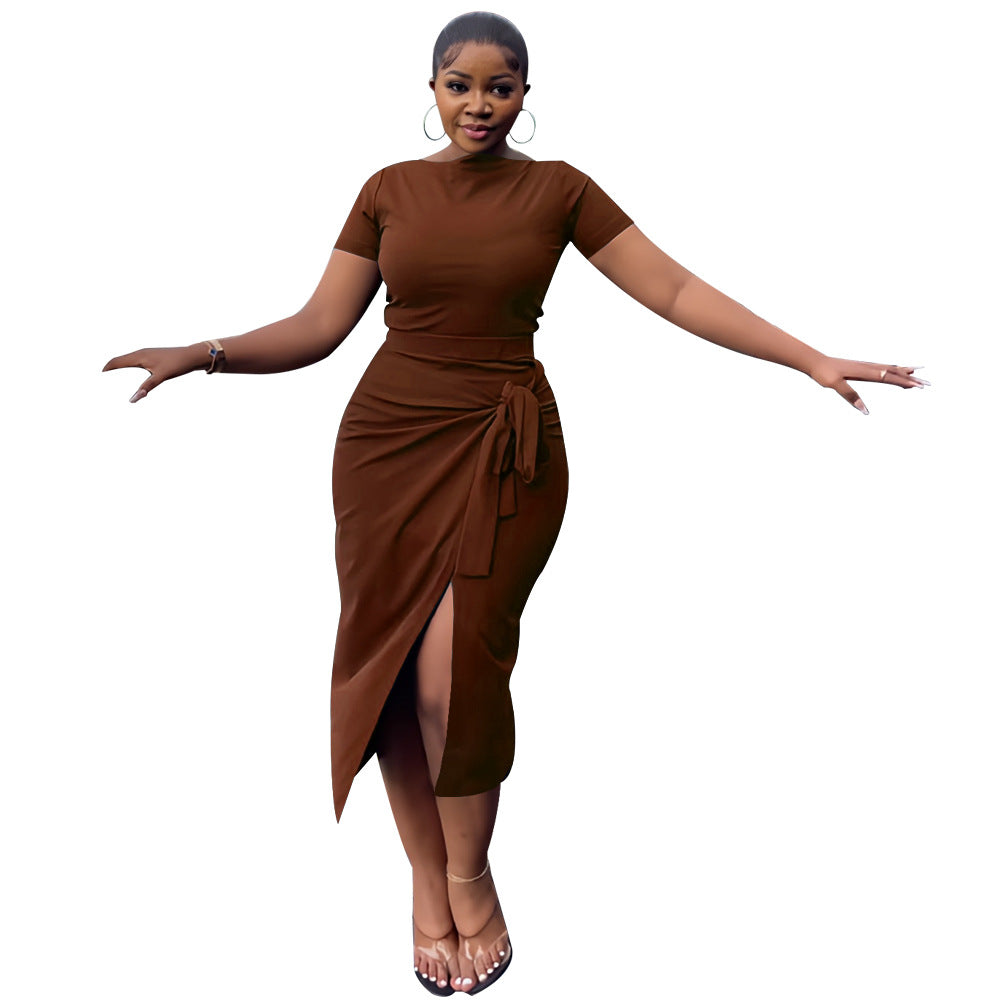 Women Solid T-Shirt and Slit Skirt Two-Piece Set 11