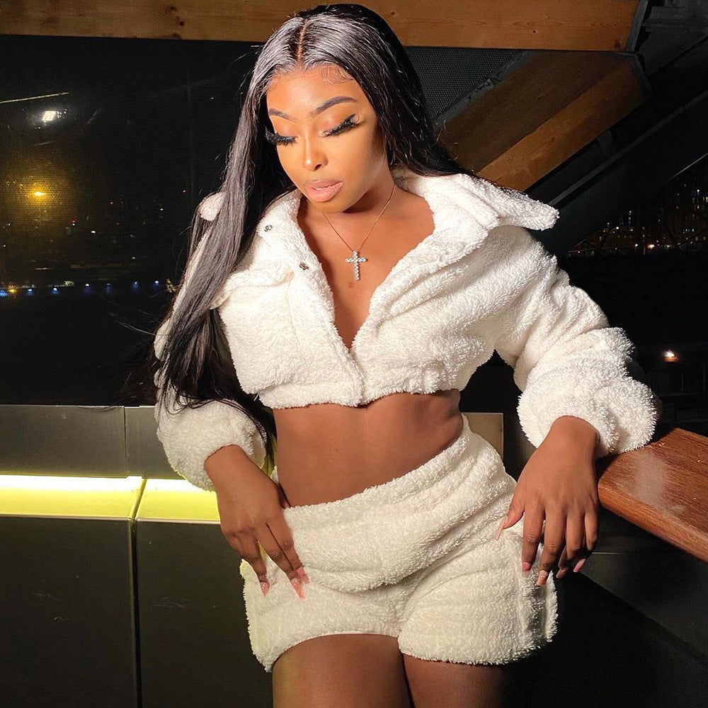 Solid Color Two-Piece Fashionable Fleece Long-Sleeved Top Shorts Set 3