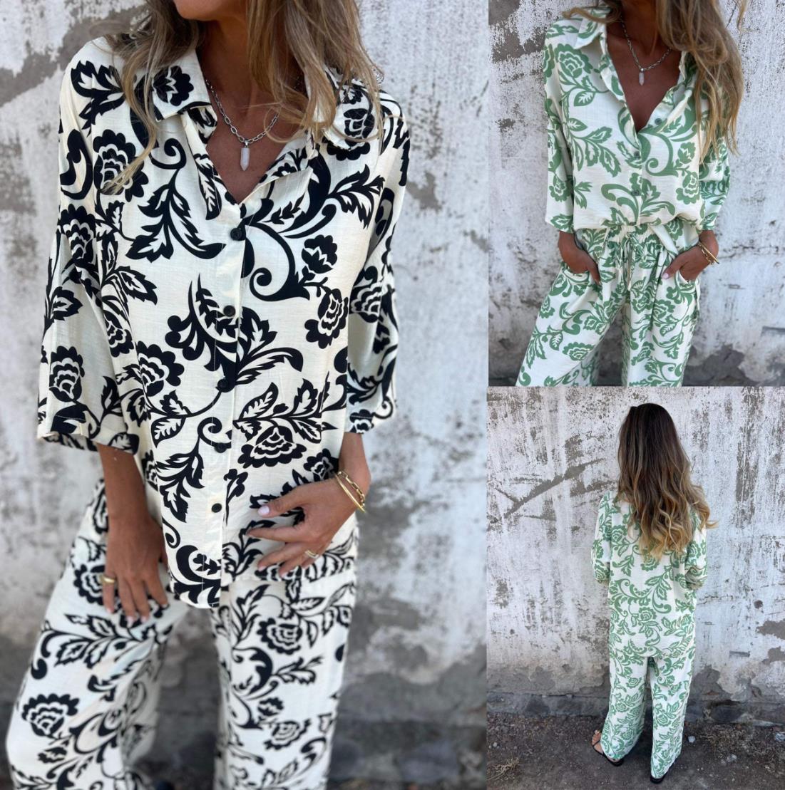 Women Casual Women Printed Shirt Pants Two-Piece Set 4